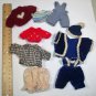 Group of Mini vintage doll outfits, pants, overall, sweaters, coat, and hat for 4"-6" dolls