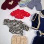 Group of Mini vintage doll outfits, pants, overall, sweaters, coat, and hat for 4"-6" dolls