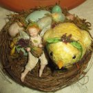 Tiny 2" All Bisque (ooak) Easter Baby Fairy and Fuzzy Chick in nest of Eggs