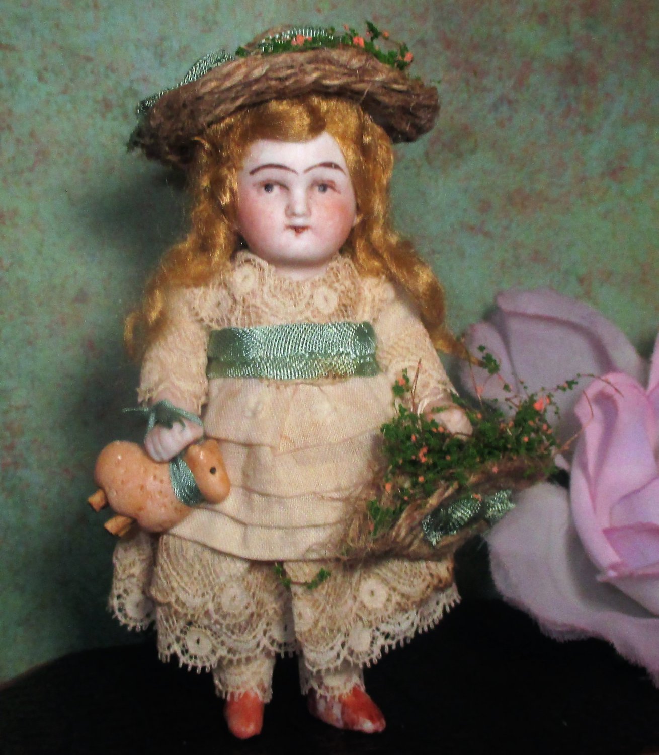 " In The Garden" Sweetest 41/2" All Bisque Mignonette dollhouse doll and mini lamb