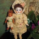 Sweet 41/2" All Bisque (glass eyes) Mignonette doll and Bunny