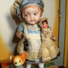 Sweet little 31/2" All Bisque German Doll with little dolly and puppy