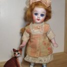 Lovely Rare 51/2" All Bisque Antique( Glass eyes, swivel head) Mignonette little lady doll & Kitten
