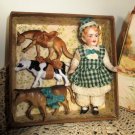 Tiny 3" All Bisque Antique ( swivel Head) German Dollhouse doll with mini farm animals