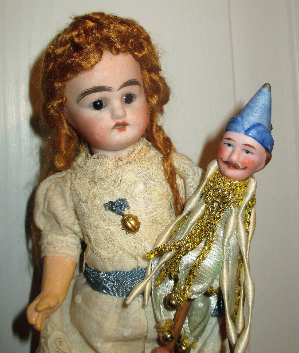 8" Bisque Head Antique German Doll and 5½" OOAK Polichinelle