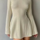 Autumn Party Dress Solid Elegant Flared Full Sleeve Slim Knitted Mini A-line Dresses &&