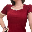 Patched Lace Square Collar T-shirt Tops Tees Female Short Puff Sleeve Top&&