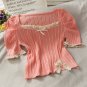 Patched Lace Square Collar T-shirt Tops Tees Female Short Puff Sleeve Top&&