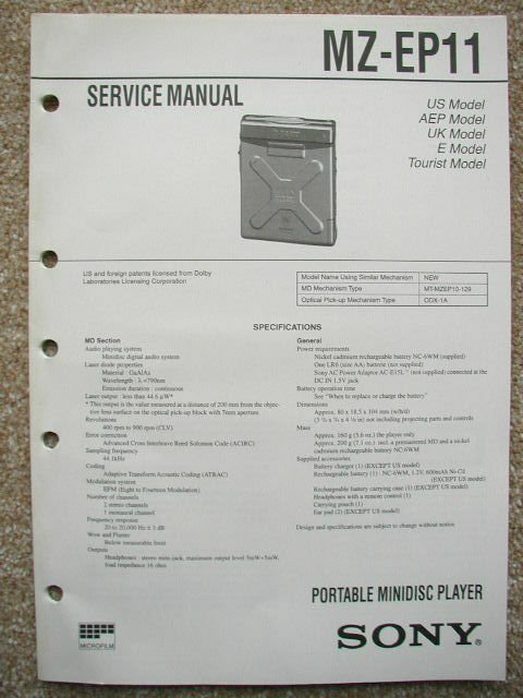 SONY  MZ-EP11 Original  Service manual Â£3.00 UK stock