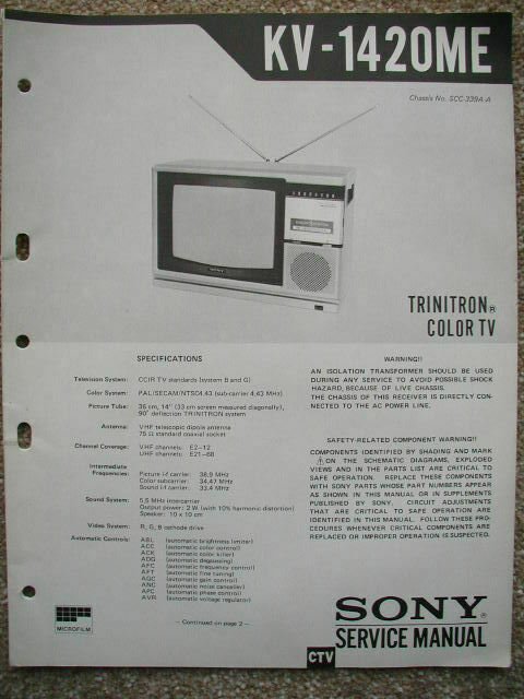 SONY KV-1420ME Original Service manual &Acirc;&pound;3.00 UK stock
