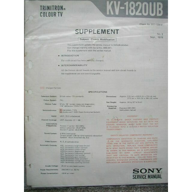 Sony KV-1820UB Service Manual Supplement