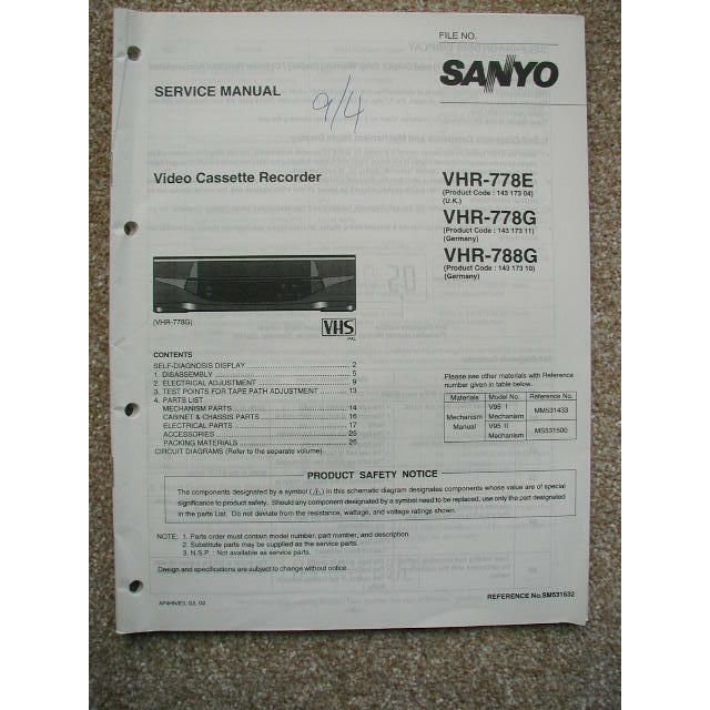 Sanyo VHR-778E VHR-778G VHR-788G Service manual