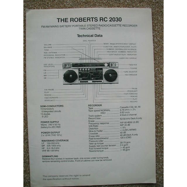 ROBERTS RC 2030 Original Service manual