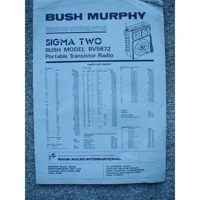BUSH BV5672 Sigma Two Service information Service Manual