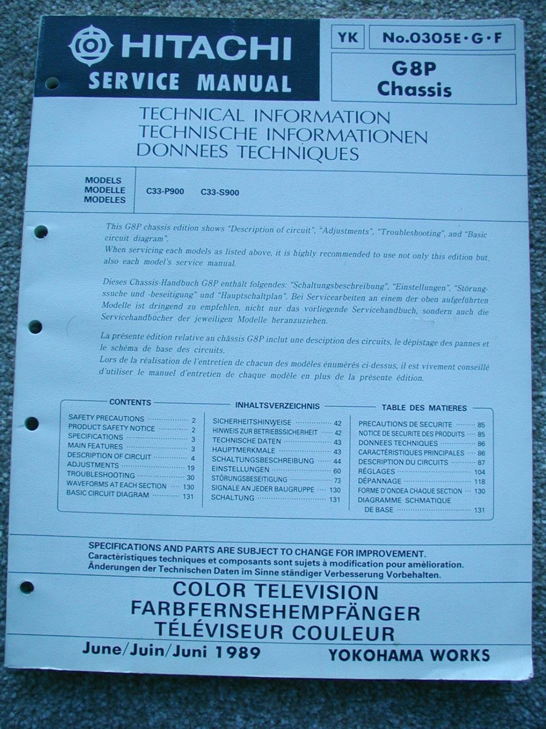 HITACHI G8P Chassis Technical Data Original Service manual