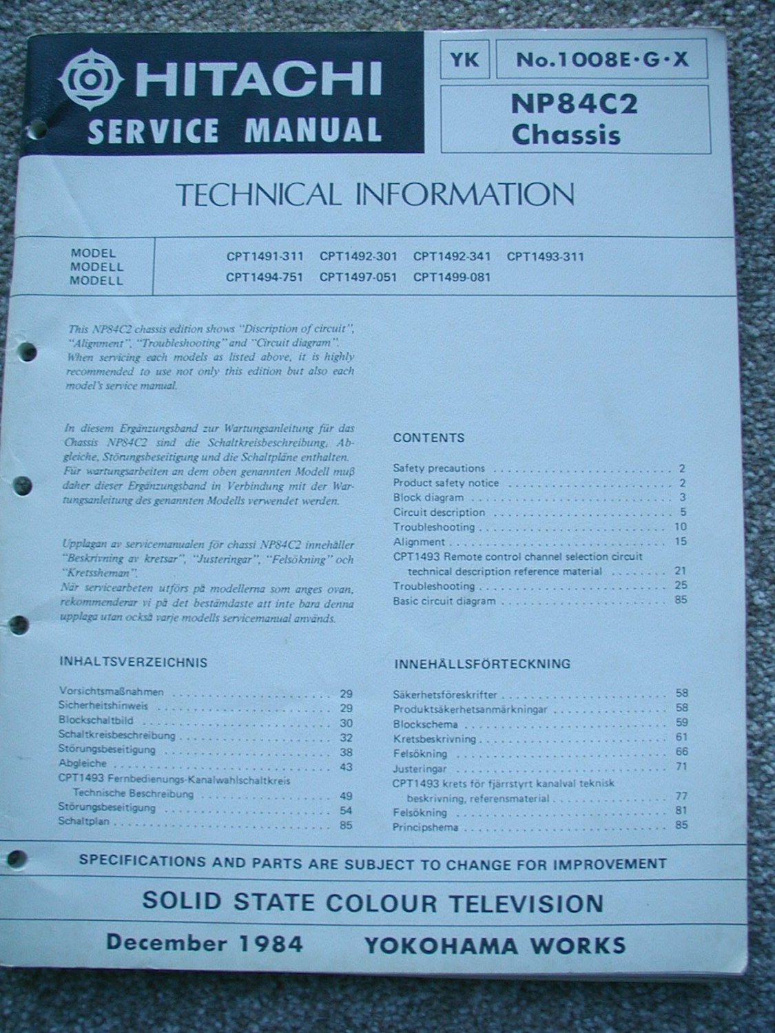 HITACHI NP84C2 Chassis Technical Data Original Service manual