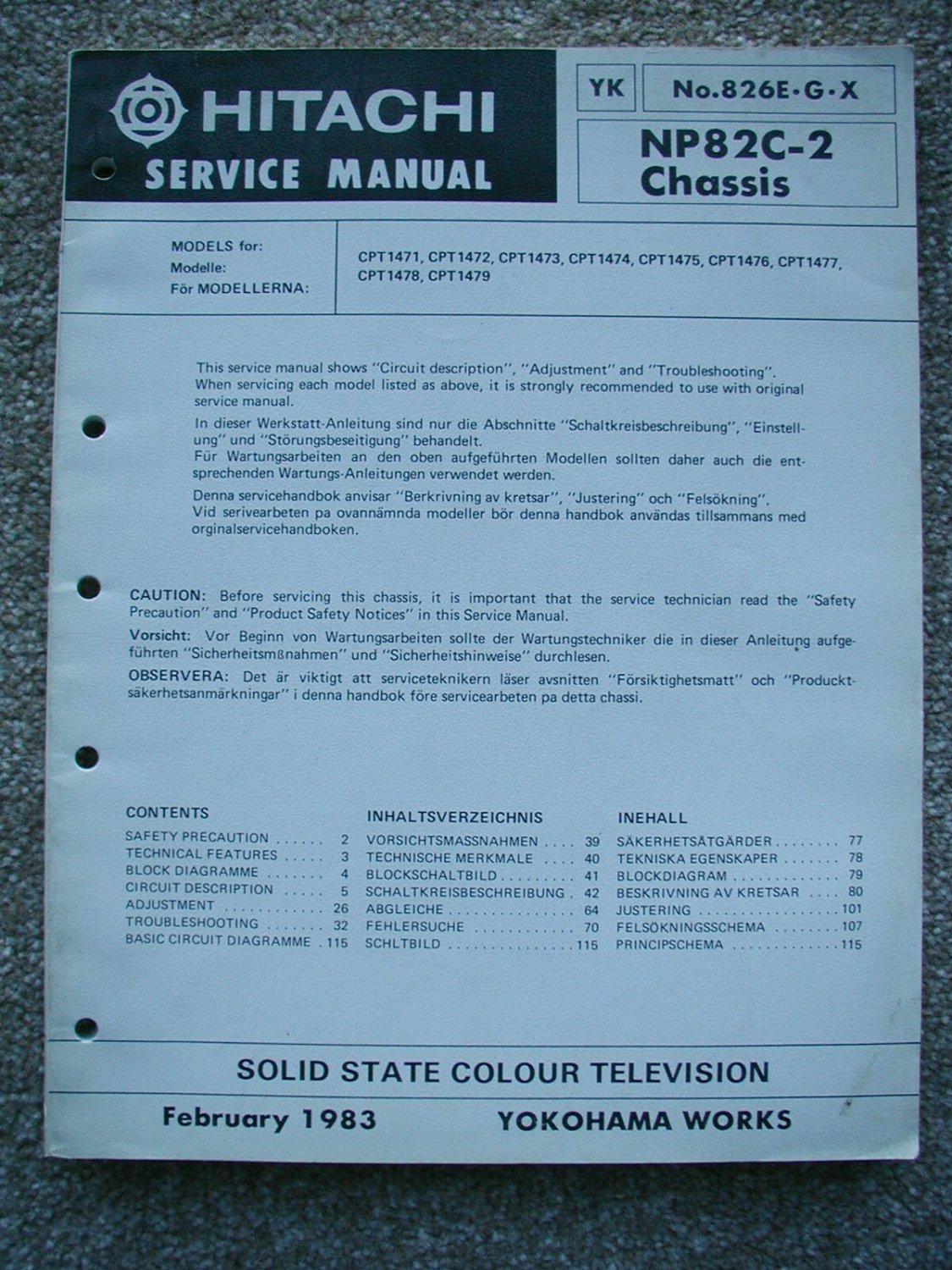 HITACHI NP82C-2 Chassis Technical Data Original Service manual