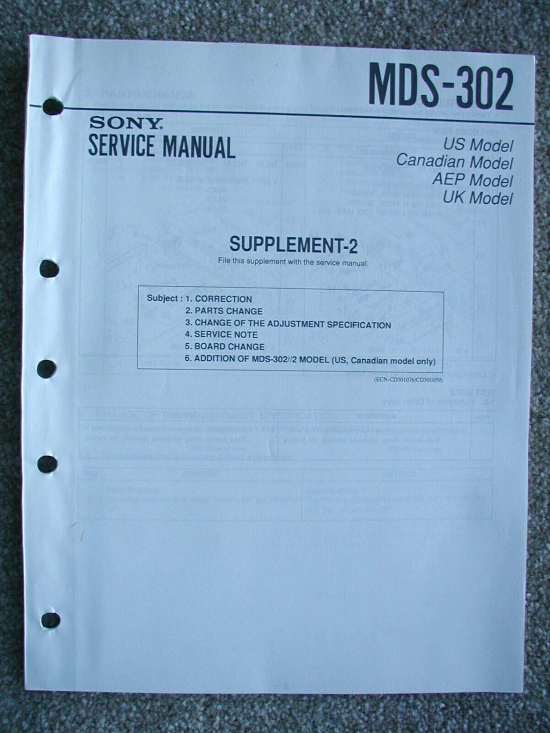 SONY MDS-302 Supplement 2 Original Service Manual