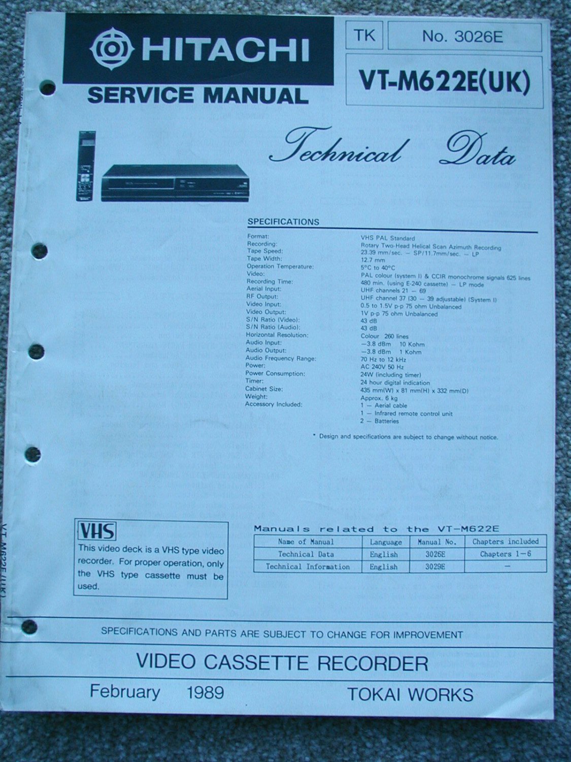 HITACHI VT-M622E Technical Data Original Service manual