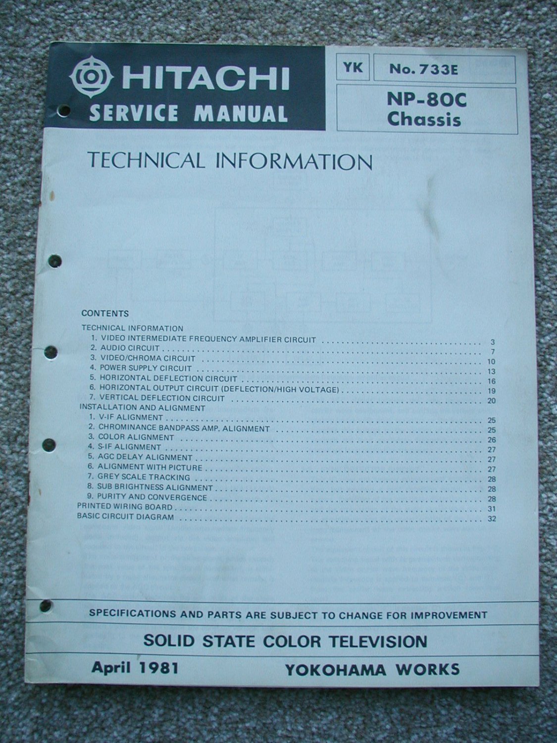HITACHI NP-80C Chassis Technical Data Original Service manual