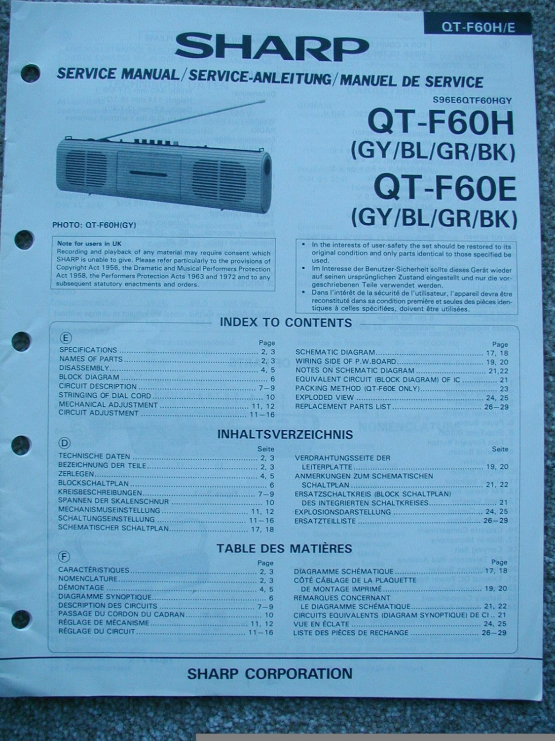 SHARP QT-F60H QT-F60E Original Service manual