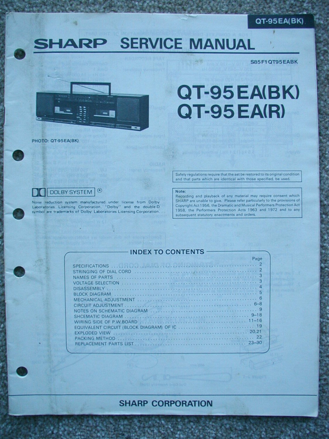 SHARP QT-95EA (BK) QT-95EA (R) Original Service manual