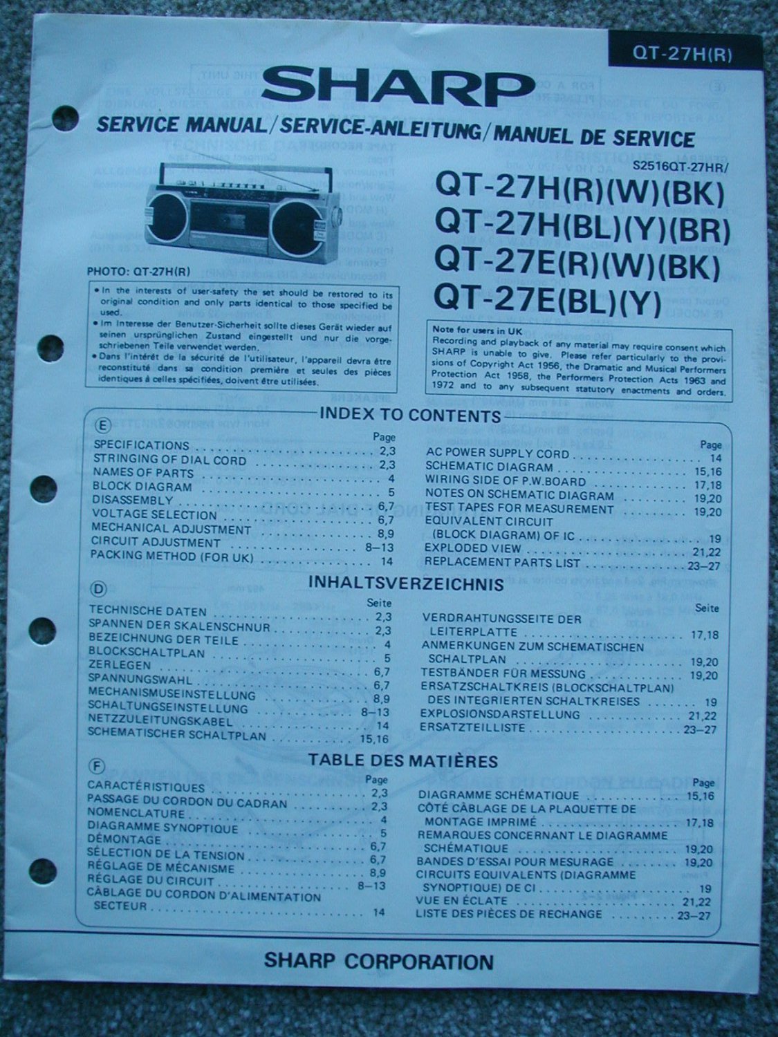 SHARP QT-27H (R) QT-27H (BL) QT-27E (R) Original Service manual