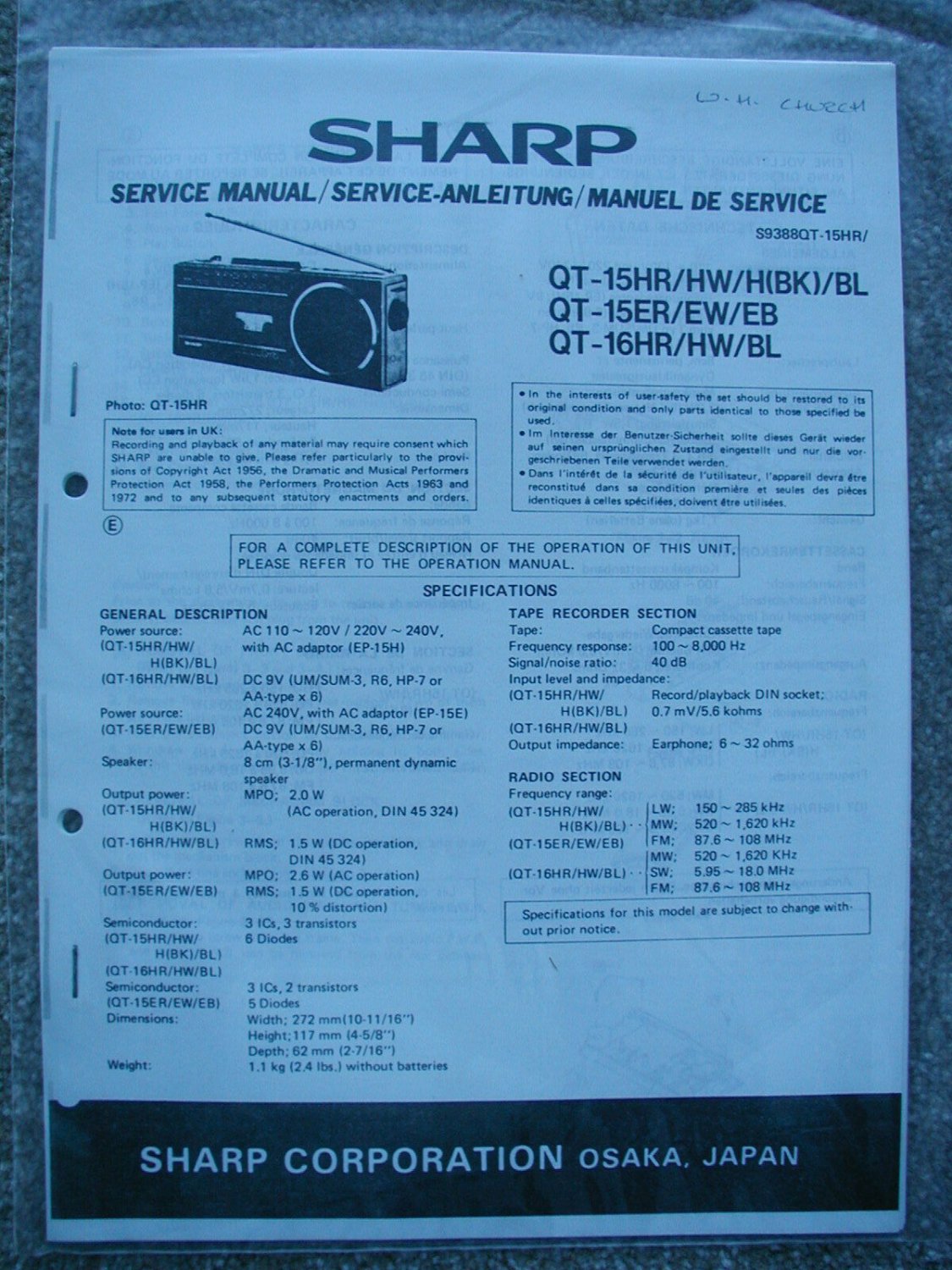 SHARP QT-15HR QT-15ER QT-16HR COPY of Original Service manual