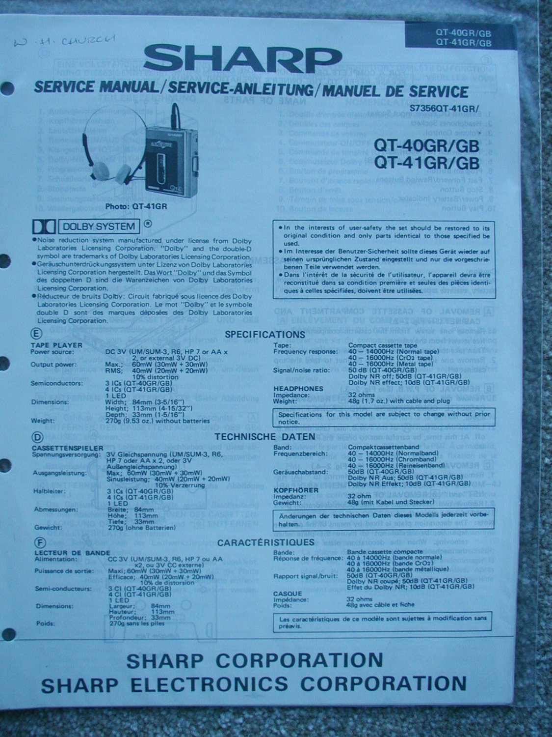 SHARP QT-40GR QT-41GR Original Service manual