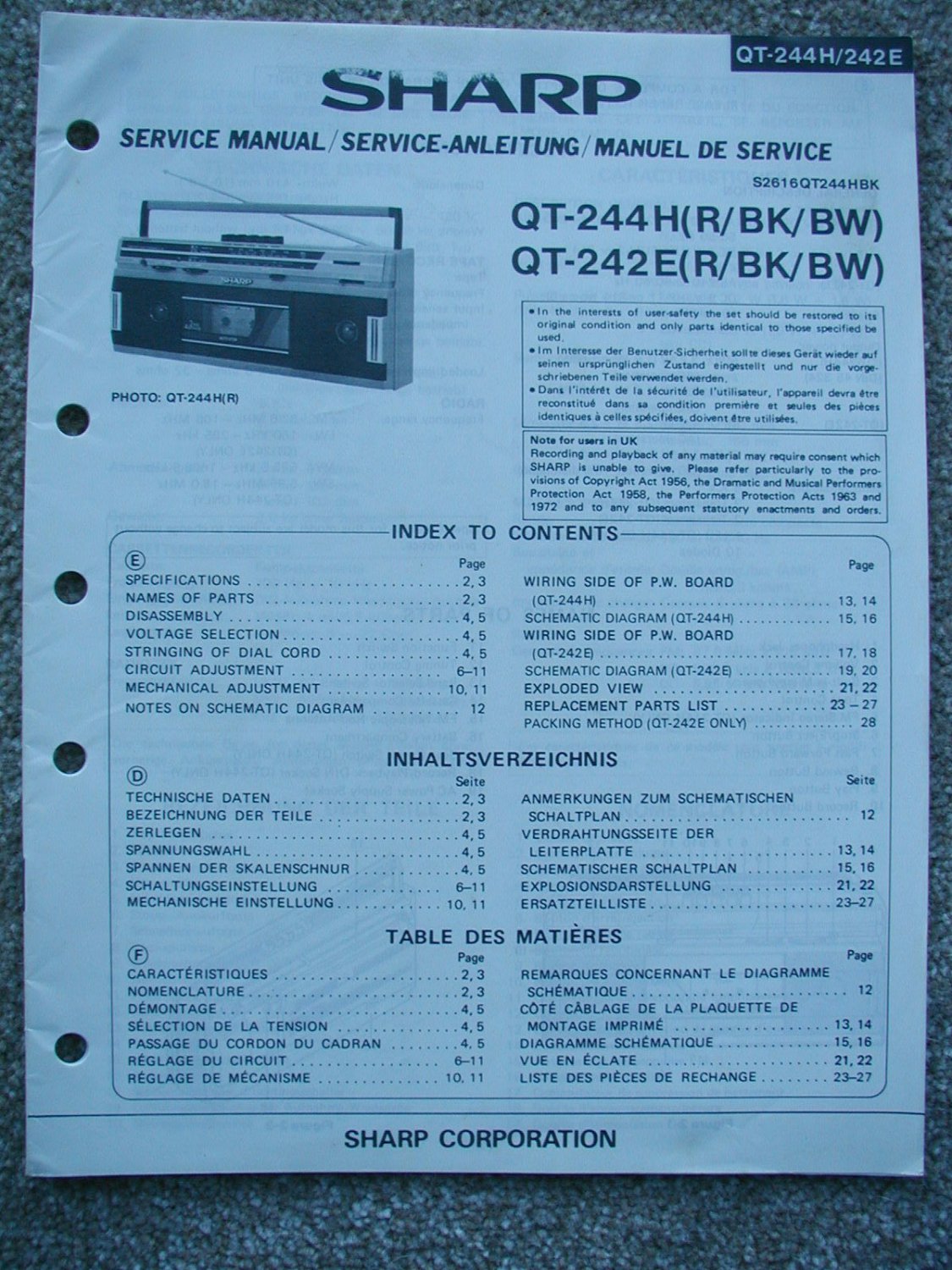 SHARP QT-244H (R/BK) QT-242E (R/BK) Original Service manual