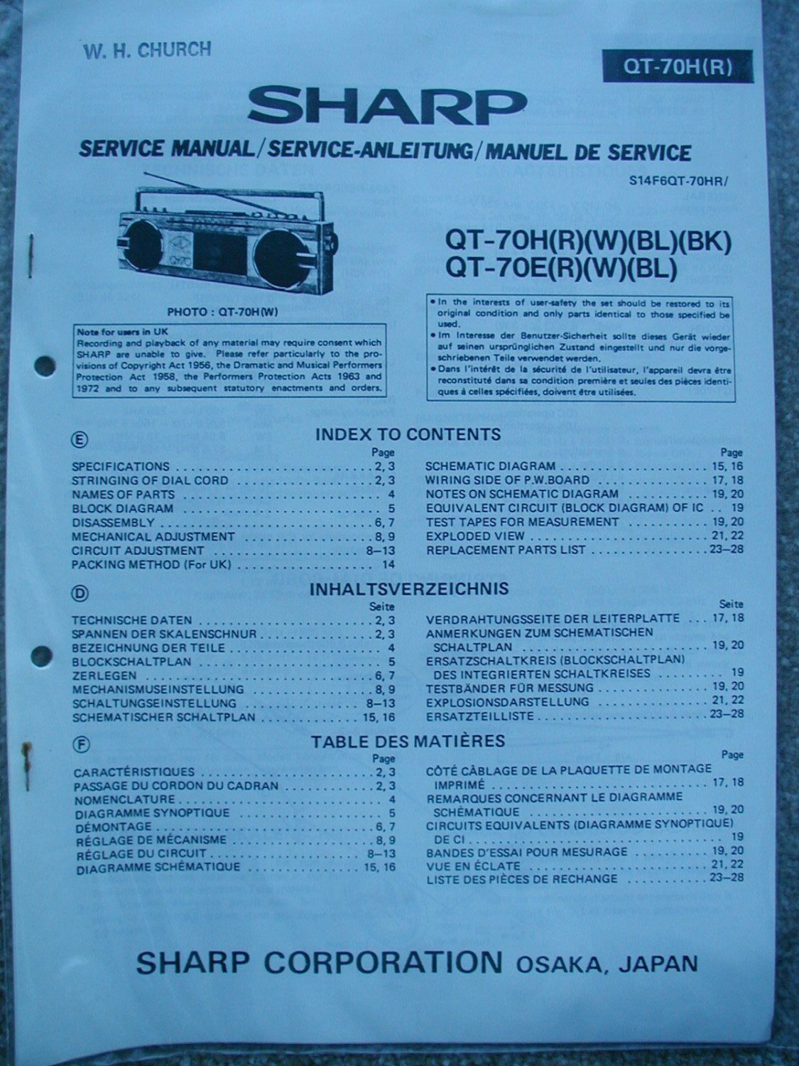 SHARP QT-70H QT-70E COPY of Original Service manual