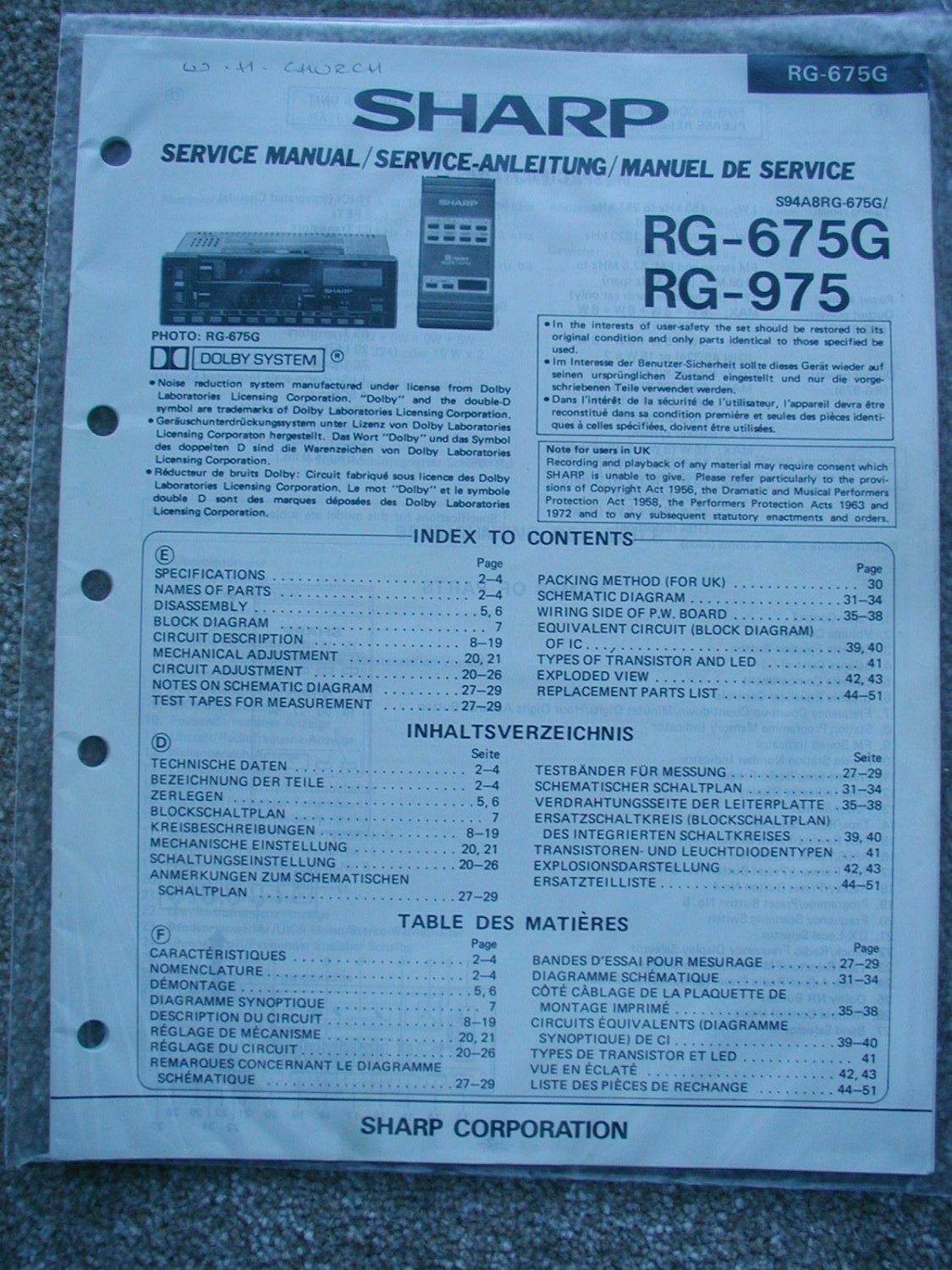 SHARP RG-675G RG-975 Original Service manual