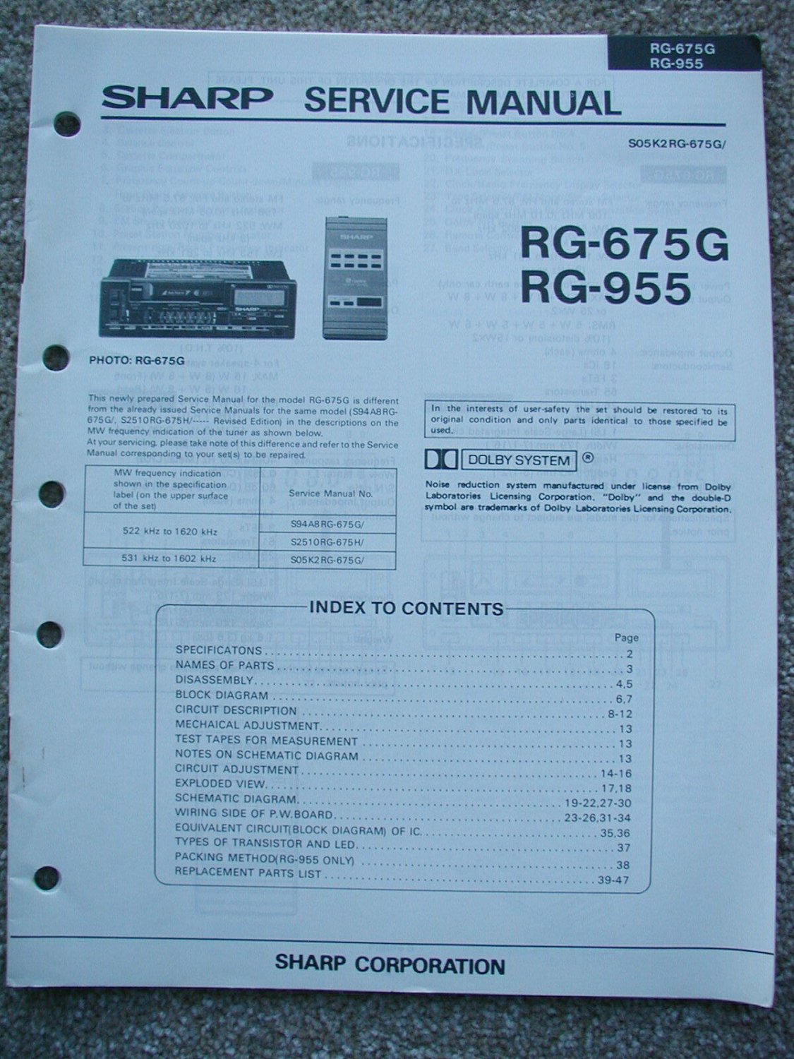 SHARP RG-675G RG-955 Original Service manual