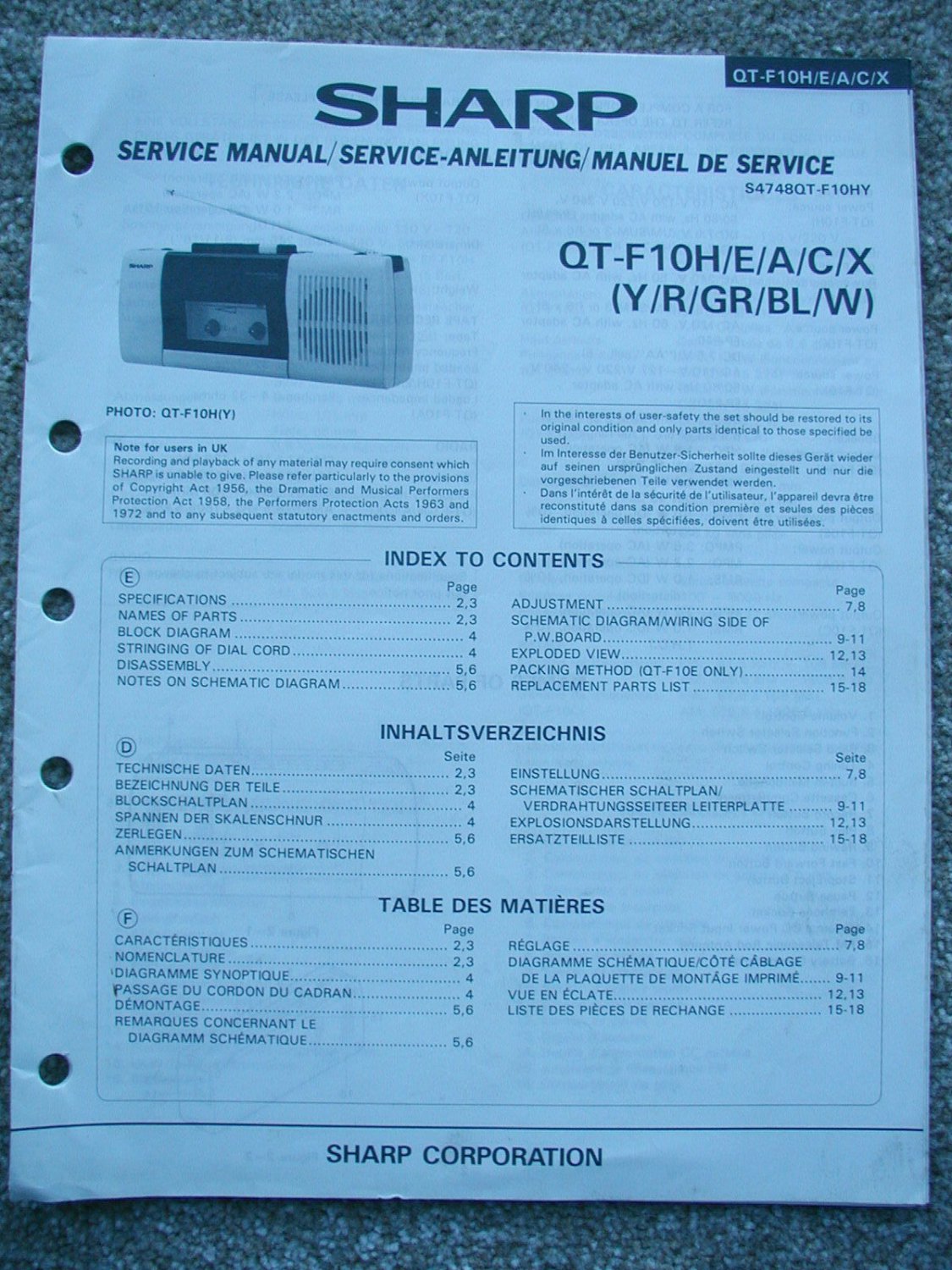 SHARP QT-F10H Original Service manual