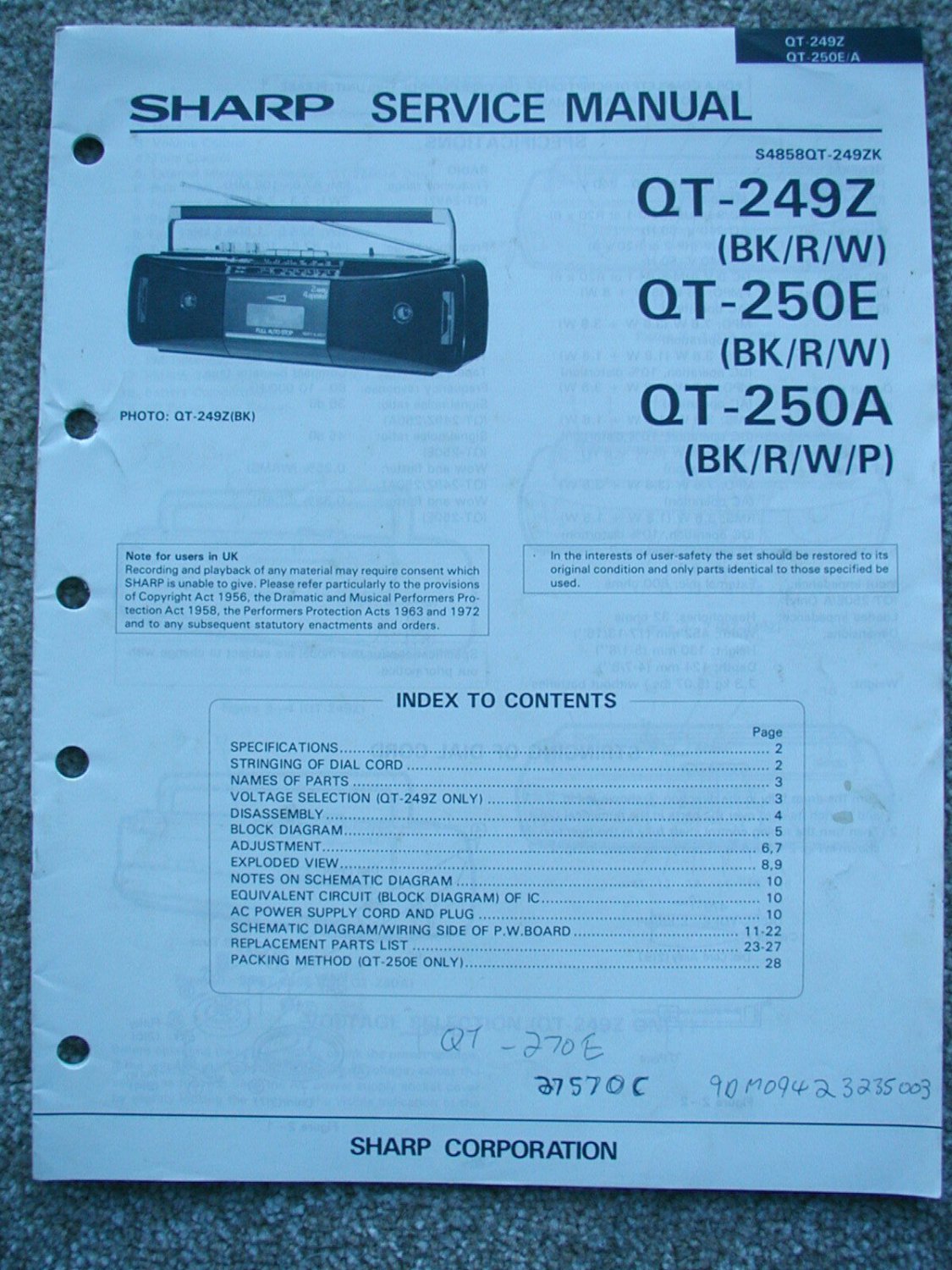 SHARP QT-249Z (R/BK) QT-250E (R/BK) QT-250A Original Service manual