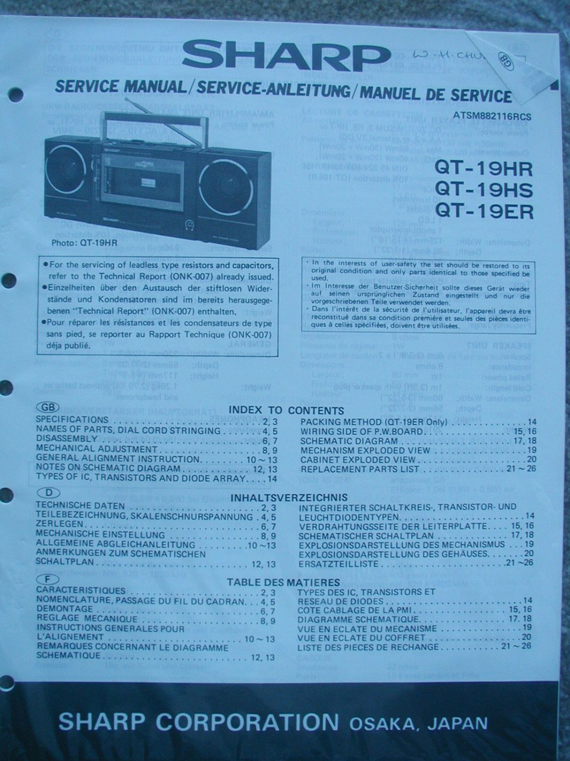 SHARP QT-19HR QT-19HS QT-19ER Original Service manual