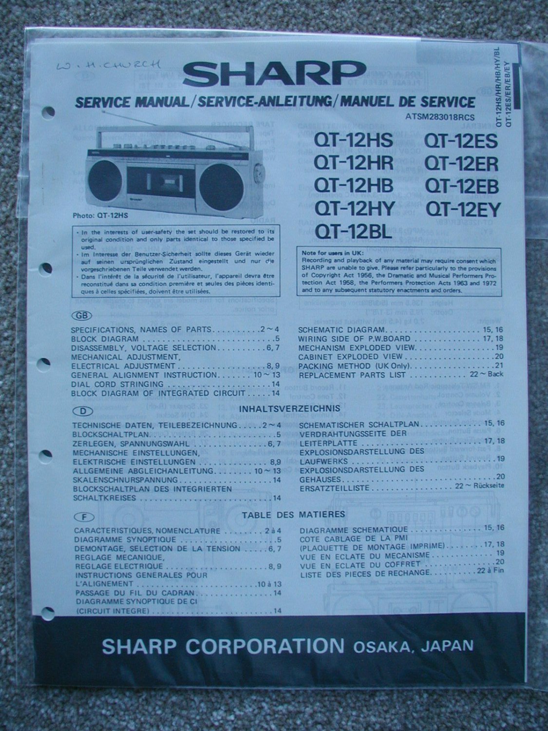 SHARP QT-12HS QT-12HR QT-12HB Original Service manual