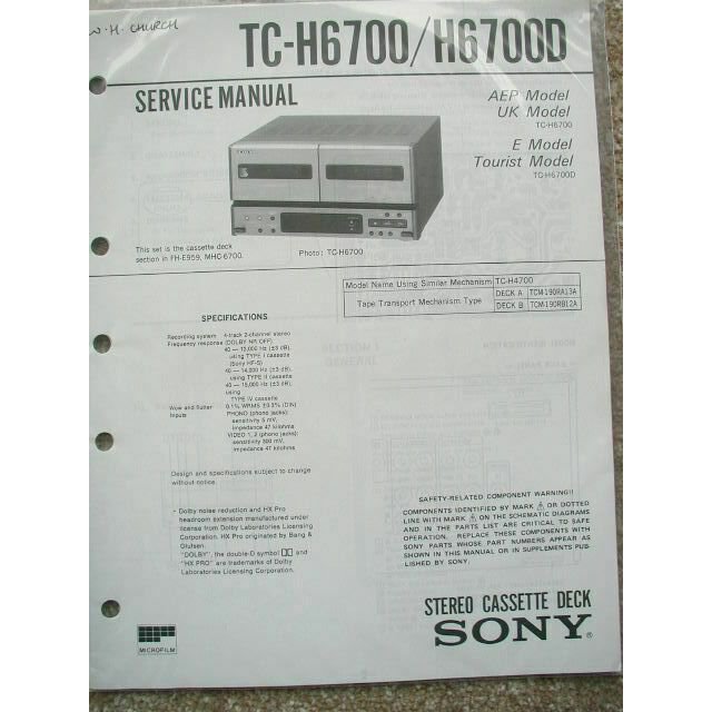 SONY TC-H6700 TC-H6700D Original Service manual