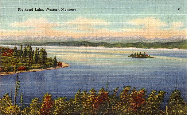 Flathead Lake in Western Montana MT, Mid Century Linen Postcard - 2895