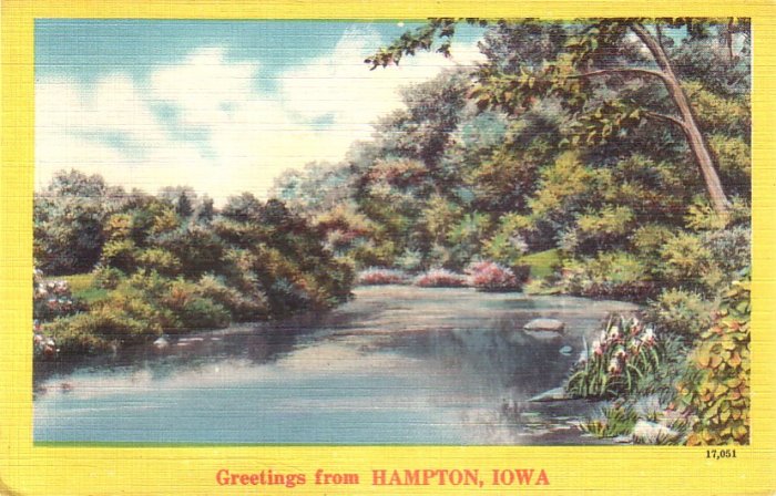 Greetings from Hampton Iowa IA, Lake View with Trees Mid Century Linen Postcard - 4779