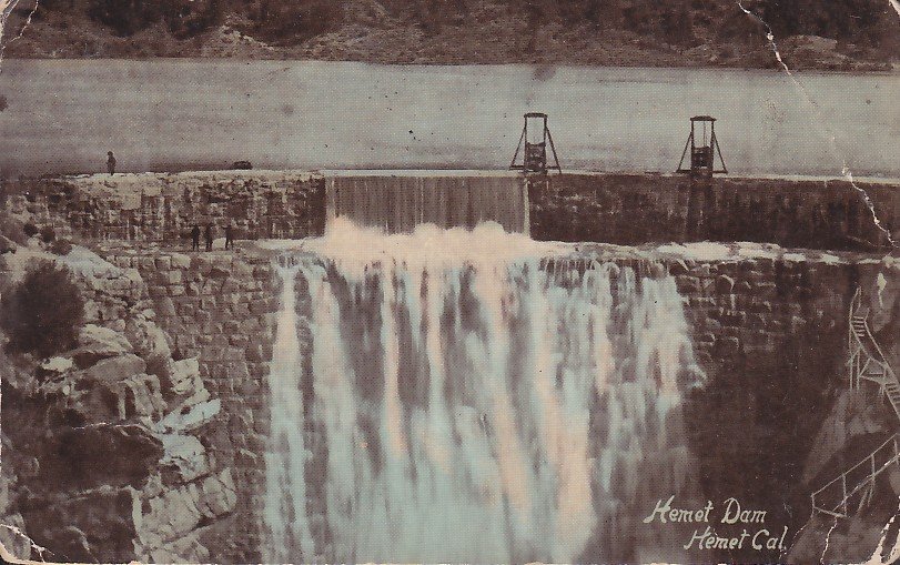 Hemet Dam in California CA, Vintage Hand Colored Postcard 5285