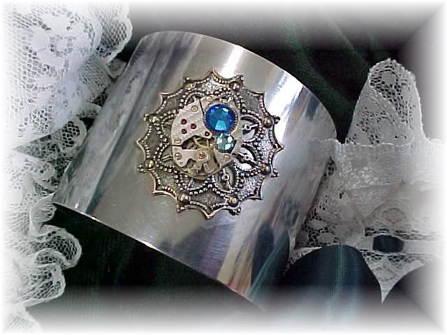 Steampunk silver cuff bracelet with watch movement vintage victorian style