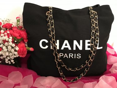 Brand New Chanel VIP Gift Tote Canvas Bag (Black- Gold chain)