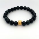 24K Gold Money Bag Lucky Charm Stretchable Bracelet Gemstones Black Jade 8mm