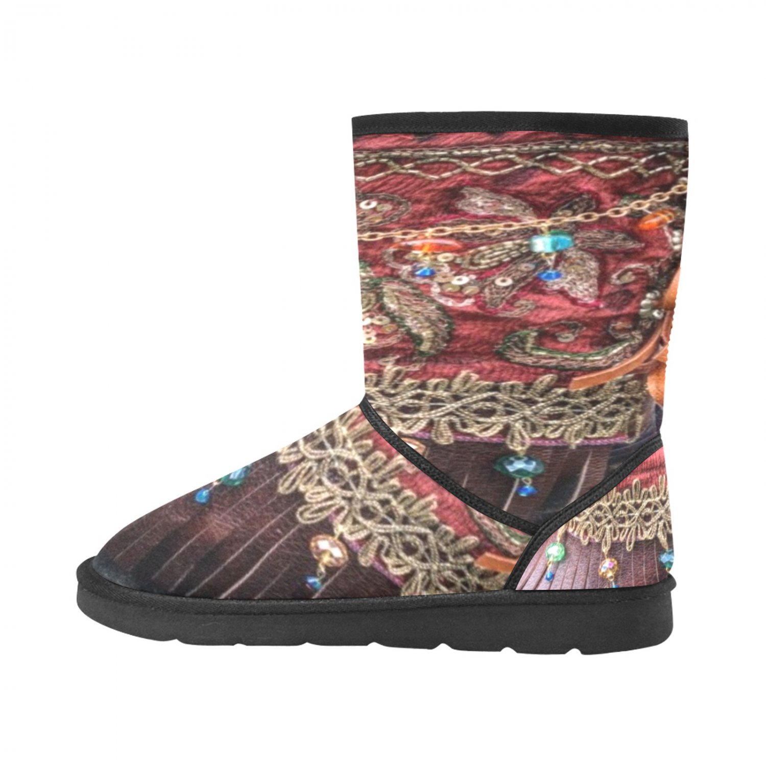 Red and Brown Gypsy Textured Printed Winter Snow Boots
