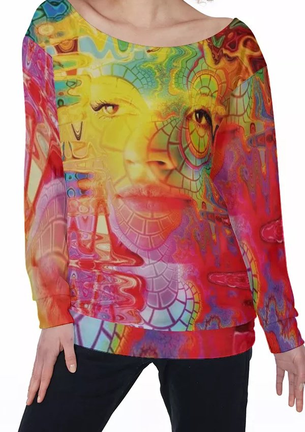 Rainbow Glitch Face All-Over Print Women's Off-Shoulder Sweatshirt