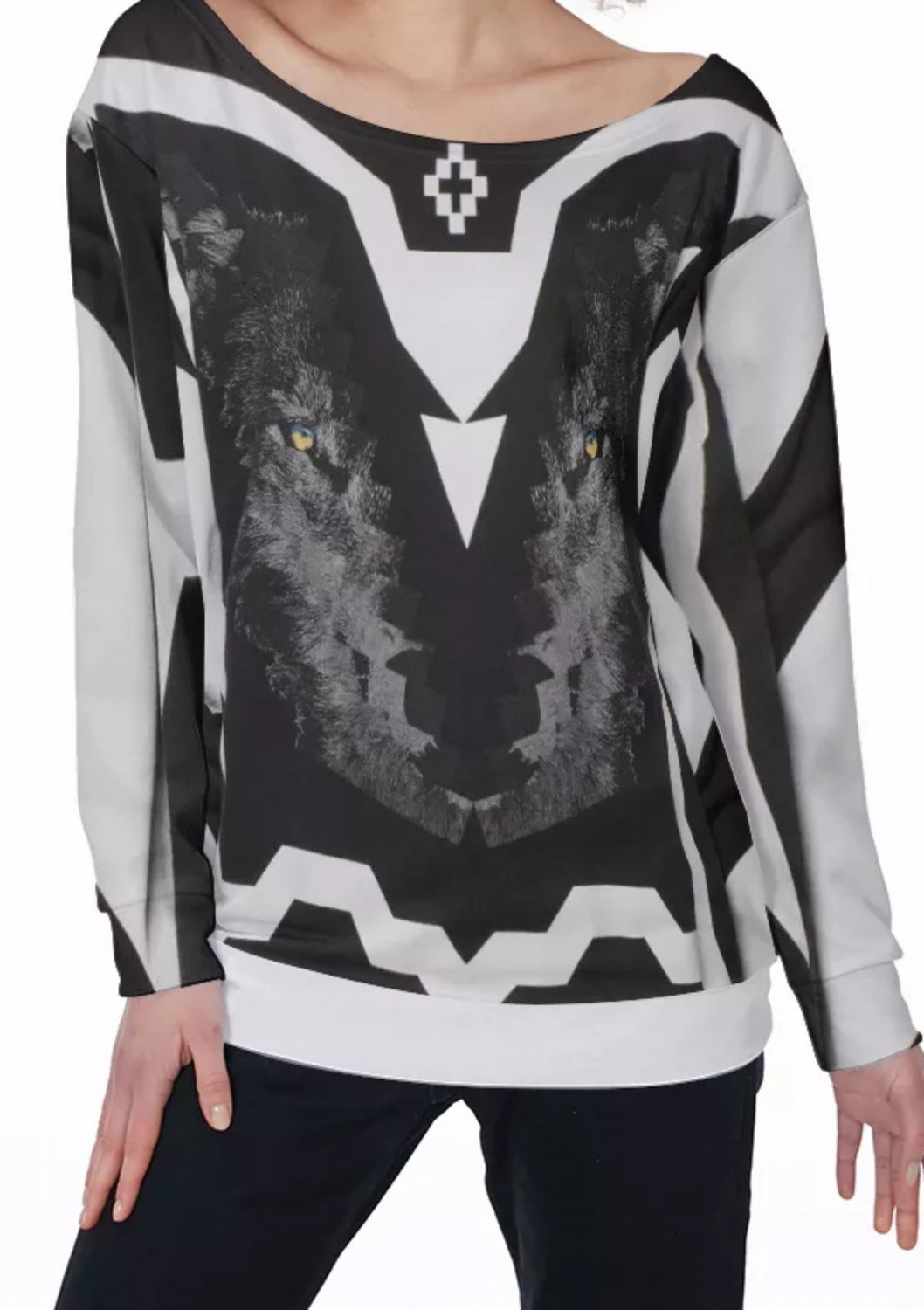 Black Geometric Wolf All-Over Print Women's Off-Shoulder Sweatshirt