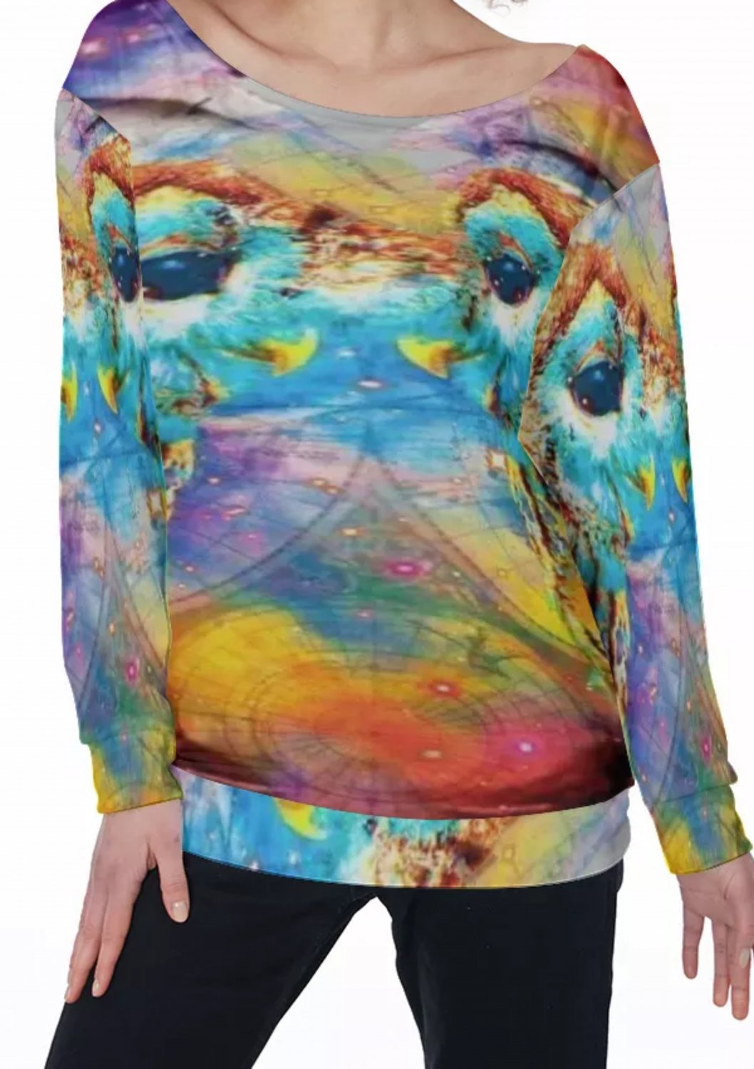 Owl Rainbow Glitch All-Over Print Women's Off-Shoulder Sweatshirt