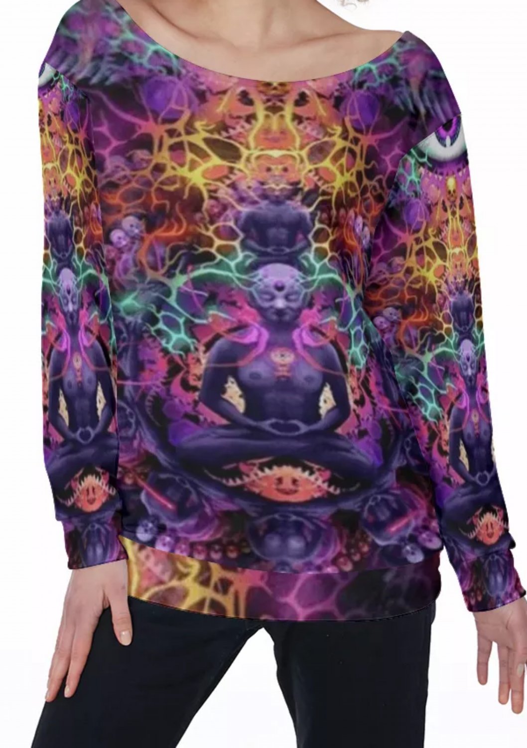 Psychedelic Lotus Meditation Rainbow All-Over Print Women's Off-Shoulder Sweatshirt