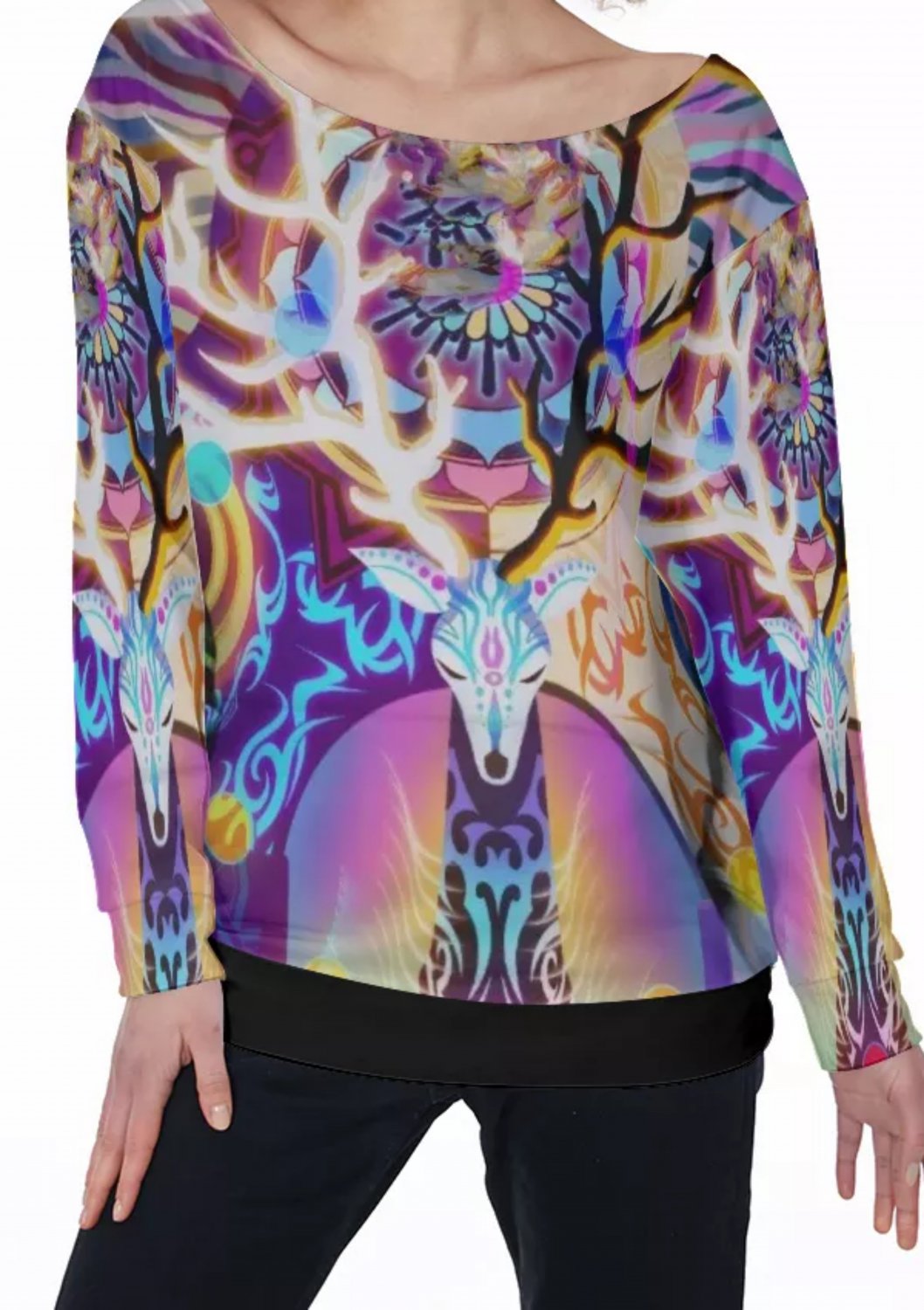 Rainbow Stag All-Over Print Women's Off-Shoulder Sweatshirt